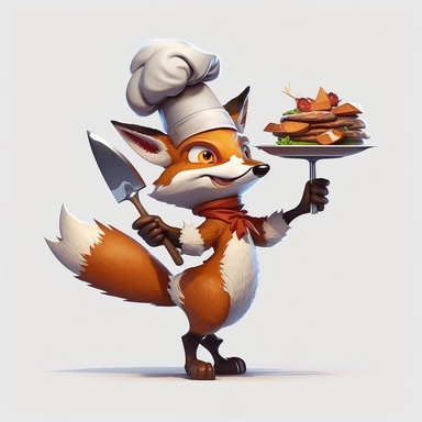 fox, kitchen hat, standing on two legs, holding a plate with cooked chicken, childrens book sytle, clipart, white background