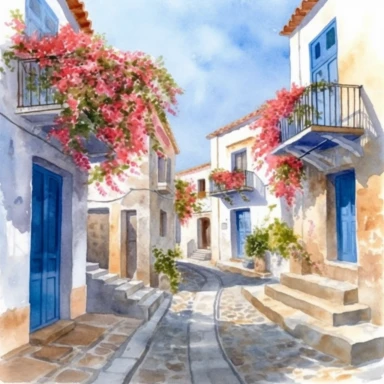 Greek Island Village: A charming clipart image of a traditional Greek island village, with narrow cobblestone streets, white and blue houses, and vibrant bougainvillea flowers. watercolor clipart, transparent white background, soft cinematic lights, juicy, bright, high quality, ultra detailed, 32k