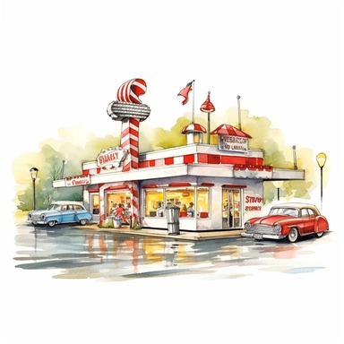 A drive-in fast food restaurant, where people enjoy classic burgers, fries, and milkshakes served by carhops on roller skates, american style, watercolor, clipart