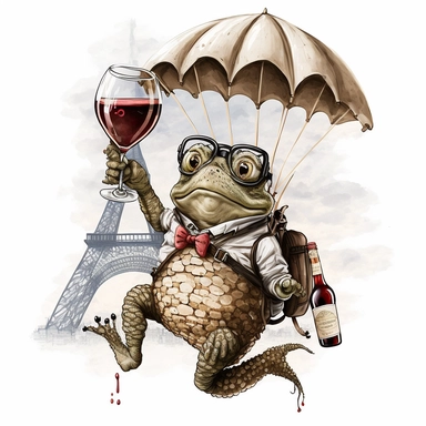 studious toad with glasses and red wine in his hand while parachuting from the Eifel tower, vintage, funny, white background, clipart, no shadows, caricature