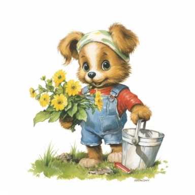 baby dog wearing garden gloves, picking up trash, white background, clipart by Richard Scarry