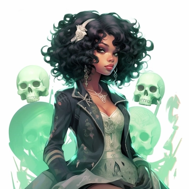 Disney princess Tiana, curly black rocker hairstyle, mint green leather jacket over a ripped green dress, frog necklace, skulls, gothic style, rock style, clipart, white background, by Kawacy