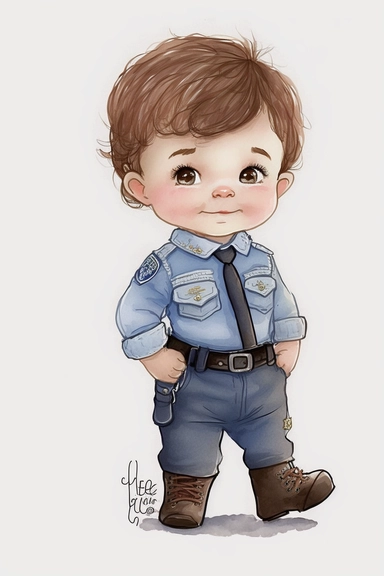 Little police boy, 1 year old, brown hair, watercolor, happy boy, blue uniform, Full Body,Clipart,white background