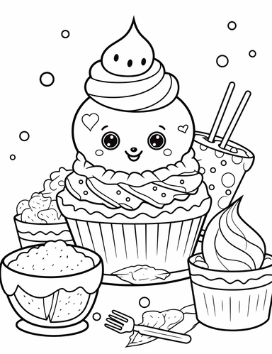 Kawaii Ice Cream with delightful designs and flavors, like blueberry, chocolate chip, and banana For Simple Coloring page,line art, thick lines, black and white,clipart, illustration, on white background,margin Page 10px