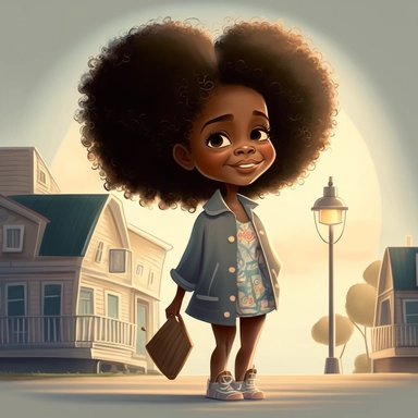 pixar illustration of Sag Harbor town , An illustration of fiver year old light skin happy black girl with curly afro, standing in front of a harbor whale watching ,from the community's stunning Sunset Beach, east hampton , summer vaction, beach town , summer days , muted tones , shy warm heart , pixar , hyper detailed , smooth skin realistic animated — Happy Black Girl Smiling art,black girlsclipart, Funny black girl , Cheerful african american girl child png, clipart, afro ,Full body with legs