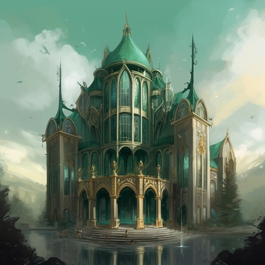 The digital painting depicts an elven council hall in a clipart style. The building is tall and grand with three main tall cylinders, each varying in height. The architecture style blends Victorian and Renaissance elements, creating a truly unique and elegant structure. The building is predominantly ivory in color with emerald green accents and gold details. The hall is located in a bustling elven city, and the sunny day lighting accentuates its sophisticated beauty. The scene exudes a feeling o