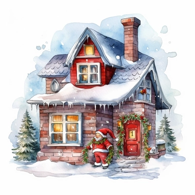 Cute Christmas Santa house watercolor clipart