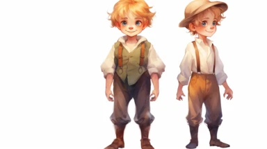 Watercolor , illustrations clipart, frontal close up on white background , cute little boy  Hansel EDIM ( hansel character from the hansel and gratel fairy tale) in poor clothing,