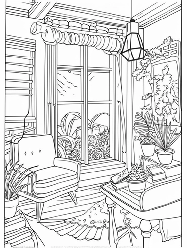 An Adult Coloring Book Featuring Fun and Relaxing Interior Home Designs with Beautifully Furnished Rooms and Welcoming Outdoor Spaces, coloring page line art, black and white clipart for coloring page, simple and clean line art, illustration style,