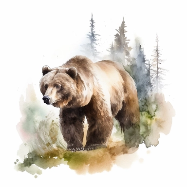 a detailed watercolor painting of a Grizzly Bear in the wild, clipart, white background