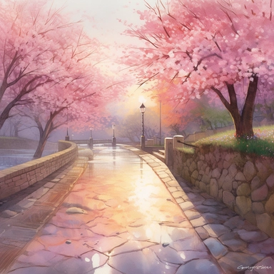 A watercolor scene at sunset, capturing the tranquil beauty of a riverside lined with cherry blossom trees. Soft pastel pinks and whites depict the delicate sakura petals, while gentle brushstrokes illustrate the petals dancing through the air. The cobblestone path beneath the trees is dappled with light and shadow, inviting the viewer into the scene. In the background, subtle washes of orange and yellow capture the warmth of the setting sun. Clipart-style figures enjoy a hanami picnic under the