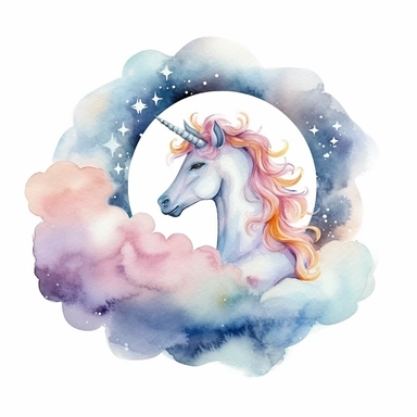 Watercolor Moon first quarter with clouds and a unicorn Clipart