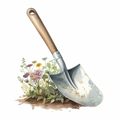 hyperrealism painting, garden shovel, no background, white background watercolor style, farmhouse chic, tempera clipart