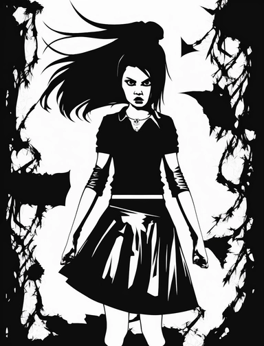 angry goth woman in skirt black and white vector clipart