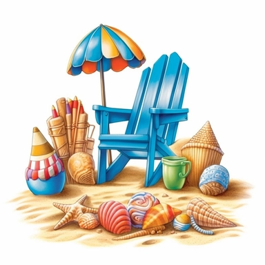 beach shore, shells, beach ball, chairs, towels, sand castle clipart
