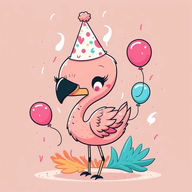 Flamingo kawaii birthday, cartoon, vector, sharp focus, super detailed, illustration, 16:9, v4, q2, 16k, High quality, clipart
