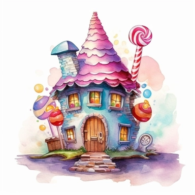 Fairy candy house clipart, watercolour, vivid colour