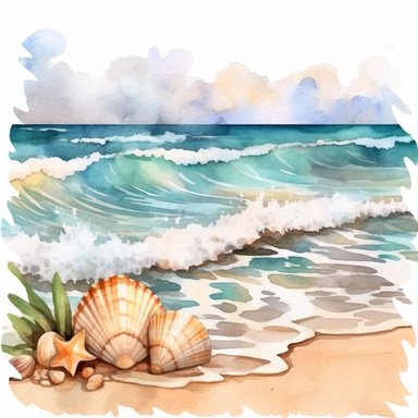 Make a clipart of a watercolor painting of a beach scene with waves, sand, and seashells. No Background