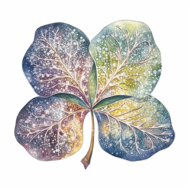 watercolour painting of a beautiful magical four-leaf clover, sparkling magic, high definition, rich colours, colorful, glitter, illustration, fantasy, in the style of Stephanie Pui-Mun Law, clipart, white background