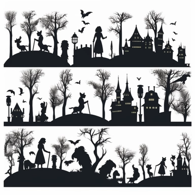 Set of silhouettes of Halloween ghost shadow shadow castle shadow black cat shadow witch shadow graveyard on a white background. Vector illustration background png full-body realistic cartoon in 32K UHD cute. 15 cm thick outline. Black color. There was no shadow on the ground. 8k with realistic watercolors and detailed illustrations. PNG clipart, transparent white background