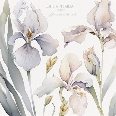 watercolor floral CLIPART, WHITE AND LAVENDER IRIS+ BABY PINK TROPICAT BLOSSOM PREMADE BORDER CLIPART, pastel pale COLORS, clipart, no background, blank space for writing, CLEAN OUTLINE, delicate and elegant, dreamy airy color, classic style, airy watery colors, with elements of GREEN LEAVES and bluberries, hd, best quality, 8k,