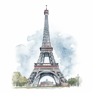 hand drawn watercolor style, eiffel tower clip art, white background