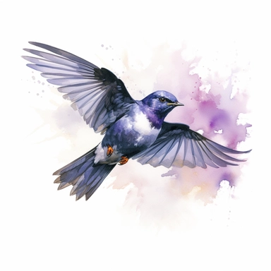Purple martin. use a combination of vibrant colors and subtle variations in color to capture the freshness and vitality of the scene. Let the transparent and flowing nature of watercolors add a sense of lightness and movement to the painting, clipart, plain isolated white background, 8k ultra detail high sharpness