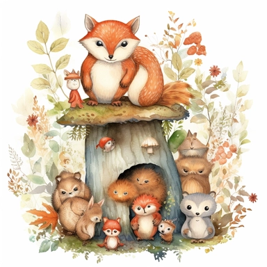 Friendly animals in enchanted forest cottagecore clipart