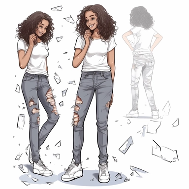 clipart girl outlined in black with a solid white background, happy expression, different poses, teenager, African American, modest clothing, torn jeans