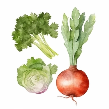 basic watercolor carrot, lettuce head, tomato, garlic and onion in minimal hand drawn style, Etsy, textured, clipart, white background