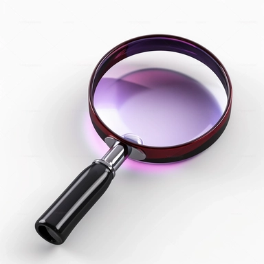 3d model of magnifying glass icon, black+red+silver+purple, clipart, white background -