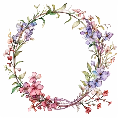watercolor clipart of a empty suttle dainty floral circle frame surrounded by spring flowers. Capture the essence of blooming beauty and intricate details in your artwork, white background