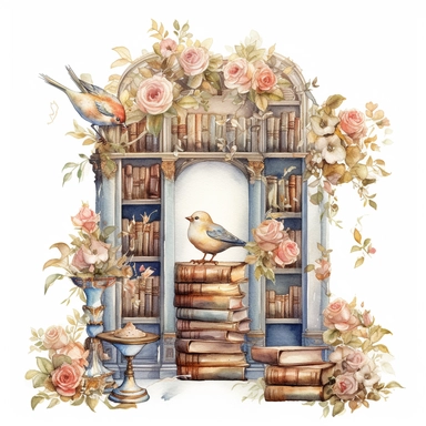 thick fairy books in open greek antique bookcase in watercolor style, intricate details,detailed illustration hd, wedding, wedding flowers, rose and gold, cottage clipart, ethereal bohemeian, waxwing bird,, on white background ar 3:2 s 1000