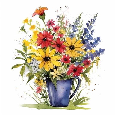 Watercolour Meadow-Inspired bouquet Extra large, Create a meadow-inspired arrangement by combining native UK and American flowers that bloom in meadows, Mix cowslips, cornflowers, and red campions from the UK with black-eyed Susans, goldenrods, and butterfly weeds from Americaplanted in a Metal wheelbarrow watercolour flower arrangement, clipart, vector, intermingled with greenery, white background, no captions, no vase, flower bed setting, aspect 2:2 repeat 5