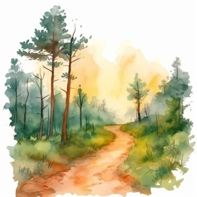 watercolour clipart of a pathway leading down into a forest valley during sunrise, bush walk, serene, peaceful, wanderlust