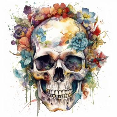 Develop a clipart image that portrays a human skull enveloped in a vibrant tapestry of intertwining flowers, reflecting dustin nguyen artistic sensibilities. The flowers should weave in and out of the skull's eye sockets, nose, and mouth, suggesting a seamless connection between life and death. Use a white background to emphasize the rich watercolor hues and the intricate floral patterns
