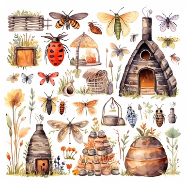 Watercolor boho backyard insect hotel, illustrations clipart set, simple, soft colors, cartoon elements, different variants, insects, ladybug, ants, grasshopper separate elements with a margin