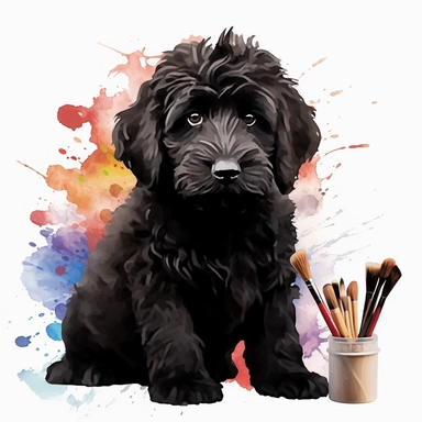 black labradoodle, goldendoodle, black doodle, puppy, watercolor clipart and paint, HD, 4k