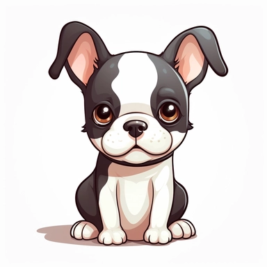clipart, cute Boston Terrier character, Cartoon style, adorable, ultra-high details, white background, chibi, kawaii, big bright eyes