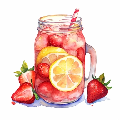 watercolor summer strawberry lemonade, in the style of Cecily Mary baker, white background, clipart