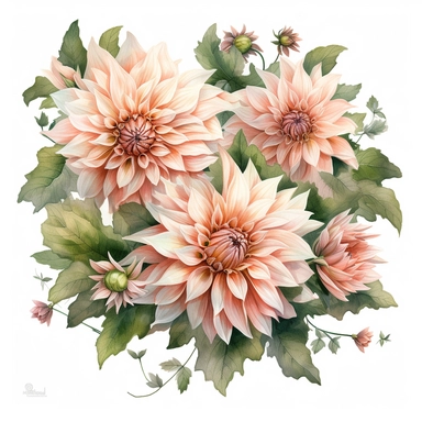a simple gorgeous A wreath made with creamy peachy-light pink Café Au Lait Dahlia flowers and greenery on white background clipart, watercolor painting realistic, high quality, vibrant, Vicente Romero Redondo, Willem van Aelst