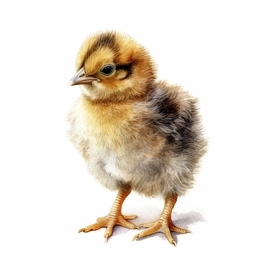 clipart, Watercolour, hand drawn, highly realistic, muted tones, baby chick, side on, beautiful, all white background
