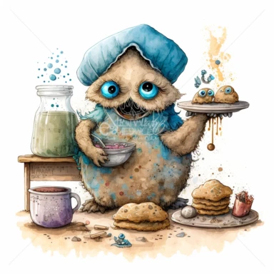 whimsical creepy fantasy oatmeal creature baking cookies, watercolor, concept art, clipart