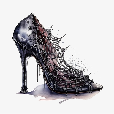 Idyllic watercolor and ink clipart of spiky high heel shoe, dark gothic black gothic cobweb design, isolated on a white background, dark moody colors, highly detailed, ultra-realistic