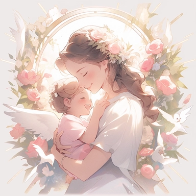 detailed illustration of mother angel holding baby, smile, flower splash, vintage design, realistic pastel colors, vector art, cute, fantasy art, love, detailed watercolor effect, digital paint, soft light, panoramic view, isometric style, vintage aesthetic, character focus, 4K resolution, no background, realistic rendering, use using Cinema 4D, isolated white background, logo style, clipart