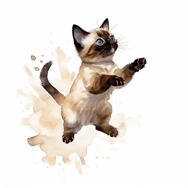 hand painted watercolor clipart, cream brown colored siamese kitten jumping in the air and leaping forward wants to grab something, profile view, excited expression on face, childlike innocence and excitement, full body visible, hairs are visible, visible tail, I can't believe how cute, professional watercolor drawing, watercolor paper texture on drawing, isolated on white background