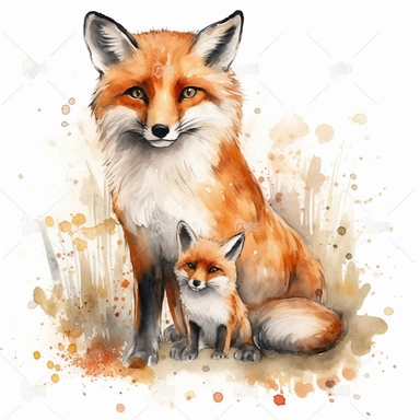 fox Mom and Baby Watercolor Clipart Graphic, 4k white background