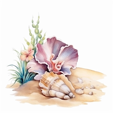 hand drawn sandy beach with a conch shell sitting in the sand, orchid bloom beside the conch shell, glamorous, clipart style, detailed and realistic, watercolor, white background with margins