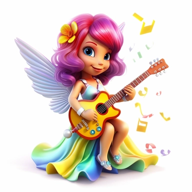 a beautiful fairy, rock star with guitar, rainbow colors, cartoon, big wings, clipart, white background