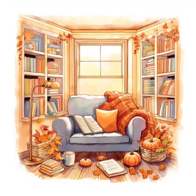 Cozy bookworm corner, autumn Watercolor style, brown and orange tone tone, There is a big window and couch. Many books, png, , style by Lucy Fleming, watercolor, smooth gradients, black contour outline, ultra detailed, clipart elements, delicate pastel colors, solid white background, super clear, high quality
